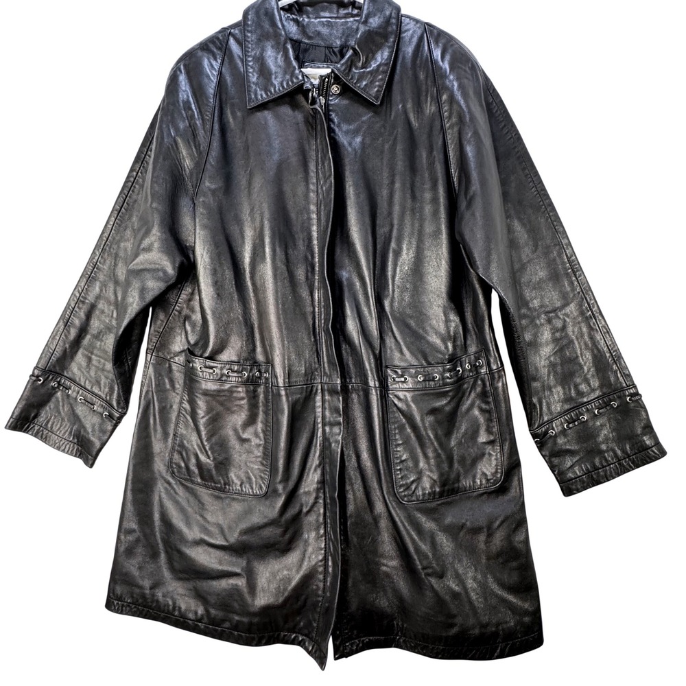 VTG Y2K Leather Coat Women 16W Black Long Car Coat Classic Edgy Lace Up Full Zip